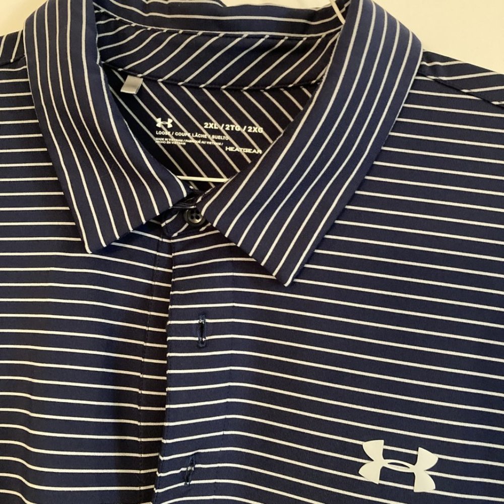 Under Armor 2XL Heatgear Loose Navy polo stripe golf shirt